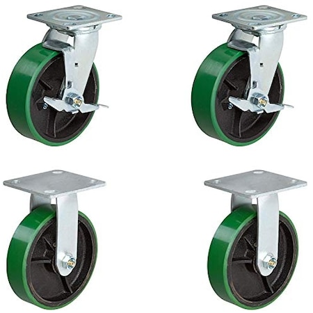 Casterhq 6"x2" Hvy Dty Casters, 2 Swivel W/ Brake and 2 Fixed, Green, PK4 HD6660-01-PCI-TLB-G-SO4-2S-2R